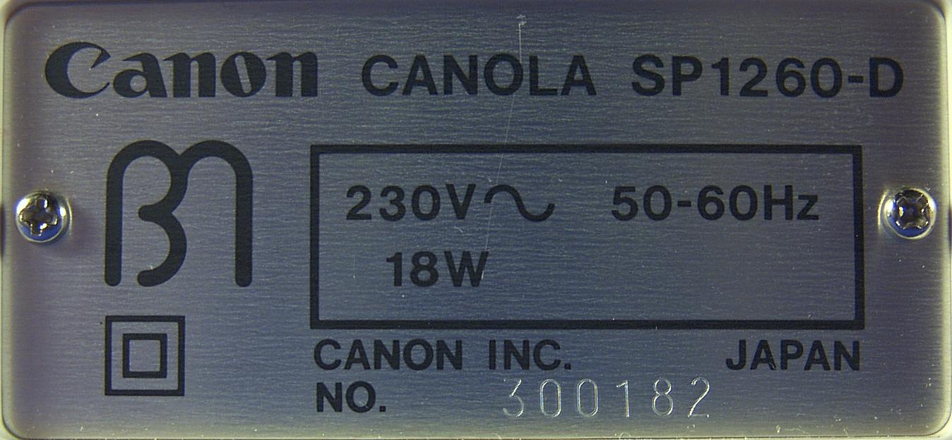 Canon Canola SP1260-D, Typenschild