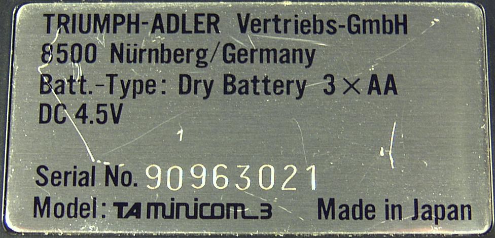 Triumph-Adler minicom 3, Typenschild